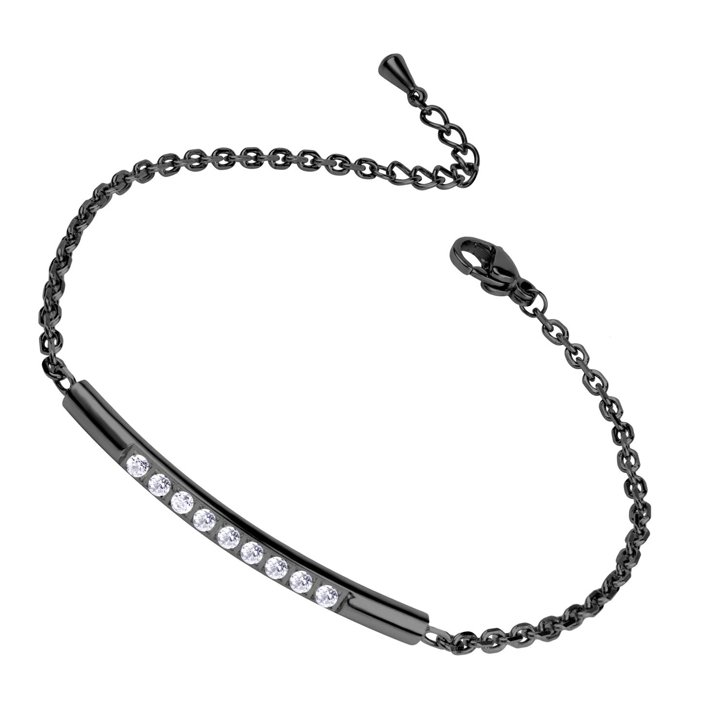 555Jewelry Womens Ladies Minimalist Sparkly CZ Cubic Zirconia Cylinder Bar Stainless Steel Adjustable Chain Bracelet Bangle Fashion Accessory Jewelry Bracelets, Black 7.5 Inch