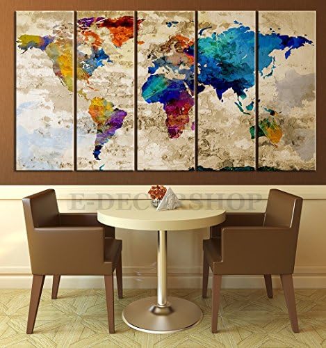 YEHO Art Gallery Painting World Map Canvas Print - Contemporary 5 Panel Colorful Abstract Rainbow Colors Large Wall Art (60x32 inches , unframed)
