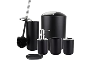 6Pcs Bathroom Accessories Set Washroom Set - Tooth Brush Holder Set with Lotion Bottles Soap Dish Toilet Brush Trash Can (Bla