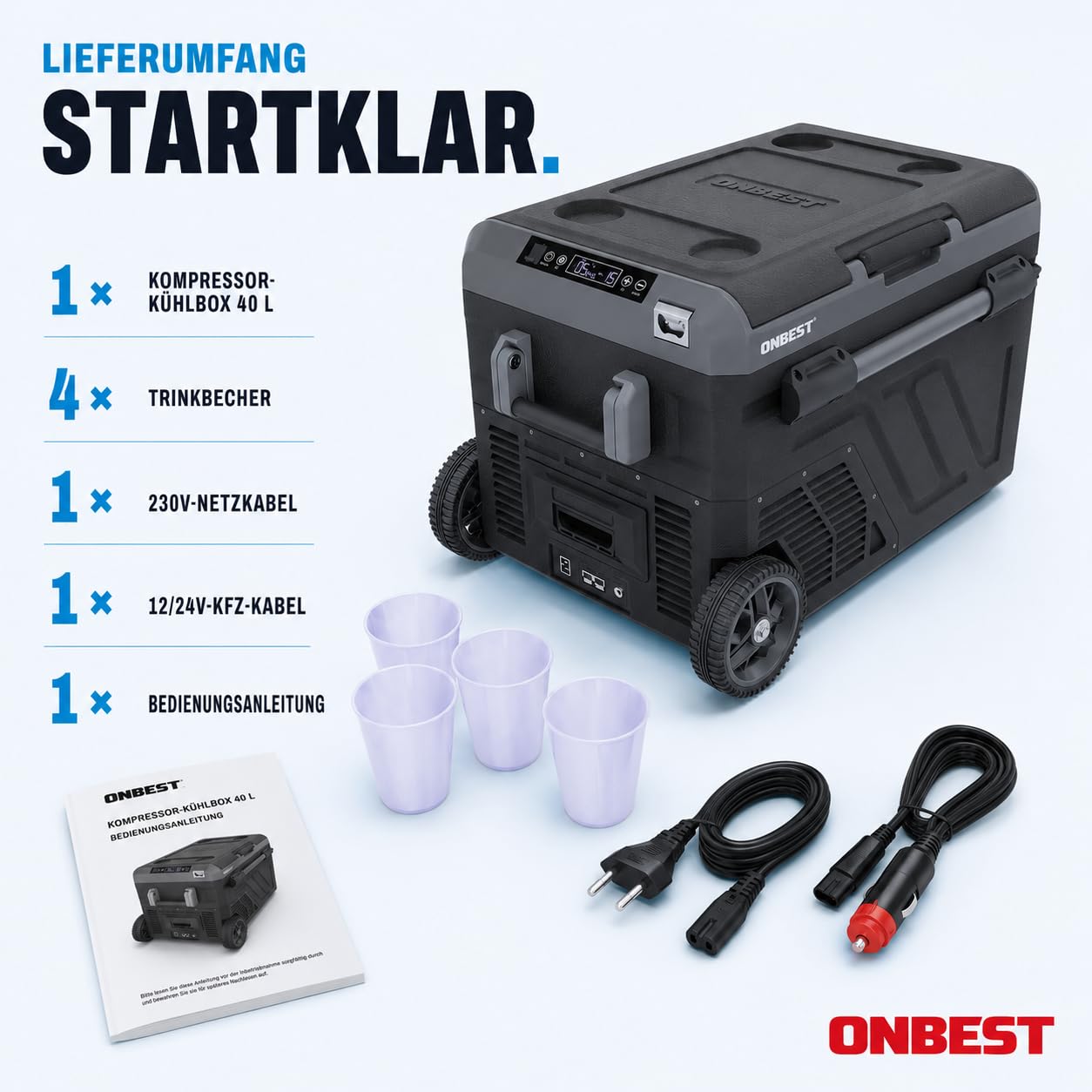 ONBEST XXL Kompressor Kühlbox – Große 40L – Elektrische Gefrierbox & Teleskophandgriff – 12V & 230V Stromanschluss – Mobile Kompressorkühlbox mit integriertem Zubehör – Autokühlboxen 7