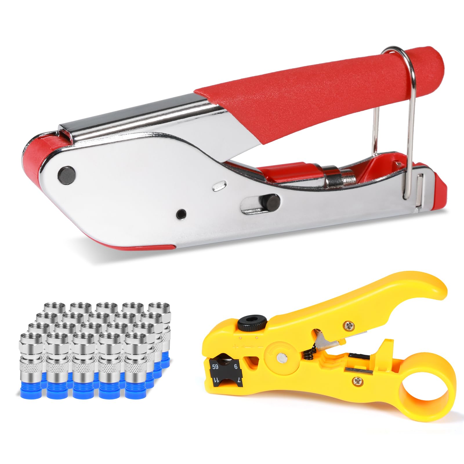 Hiija Coaxial Cable Crimping Tool Kit for RG6, Compression Tool with 20 RG6 F-Type Connectors, Coax Cable Stripper for RG59/6 & RG7/11, for Satellite TV, Aerial & CCTV