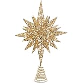 Kurt Adler Un-Lit Gold Glitter Wire 3D Star Treetop, 16.5-inch Length, Gold-Tone, Metal, Holiday Decor