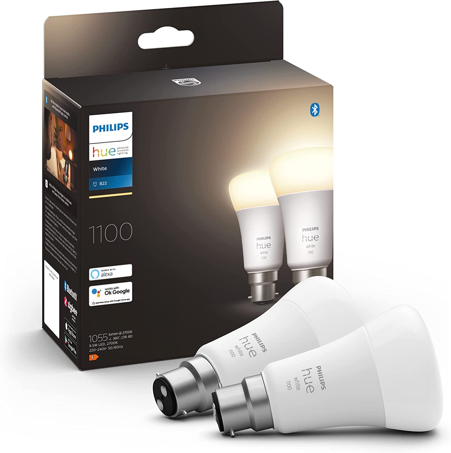Philips Hue White Smart Light Bulb Twin Pack LED [B22 Bayonet Cap] - 1100 Lumens (75W Equivalent). Works with Alexa, Google Assistant and Apple Homekit. for Home Indoor Lighting, Livingroom, Bedroom.