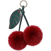 Clofiak Cherry Pom Pom Keychain, Fluffy Car Keychain Pompom Key Chains Charm for Handbags, Purses, Handbags, Bags for Women Girl (Red)