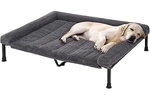 Veehoo Orthopedic Elevated Dog Bed with Fluffy Plush Cushion, Washable Raised Dog Bed with Removable Bolster Mat, Breathable Mesh, No-Slip Feet, Heavy Duty Pet Cot for Large Dogs, 53 x 37 inches, Grey