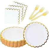 Leapig White scalloped party plates with napkins and fork gold foil border, 24 Guest disposable Tableware Set Party Decoration for Birthday Coquette Bridal Baby Shower Valentines