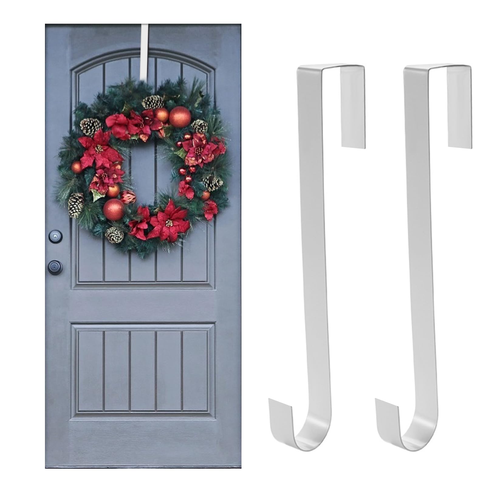 Jsdoin Christmas Wreath Door Hanger, 12.5 Inches Metal Front Door Wreath Hook for Christmas Home Office Wall Wedding Wreaths or Decorations (White, 2 Pack)