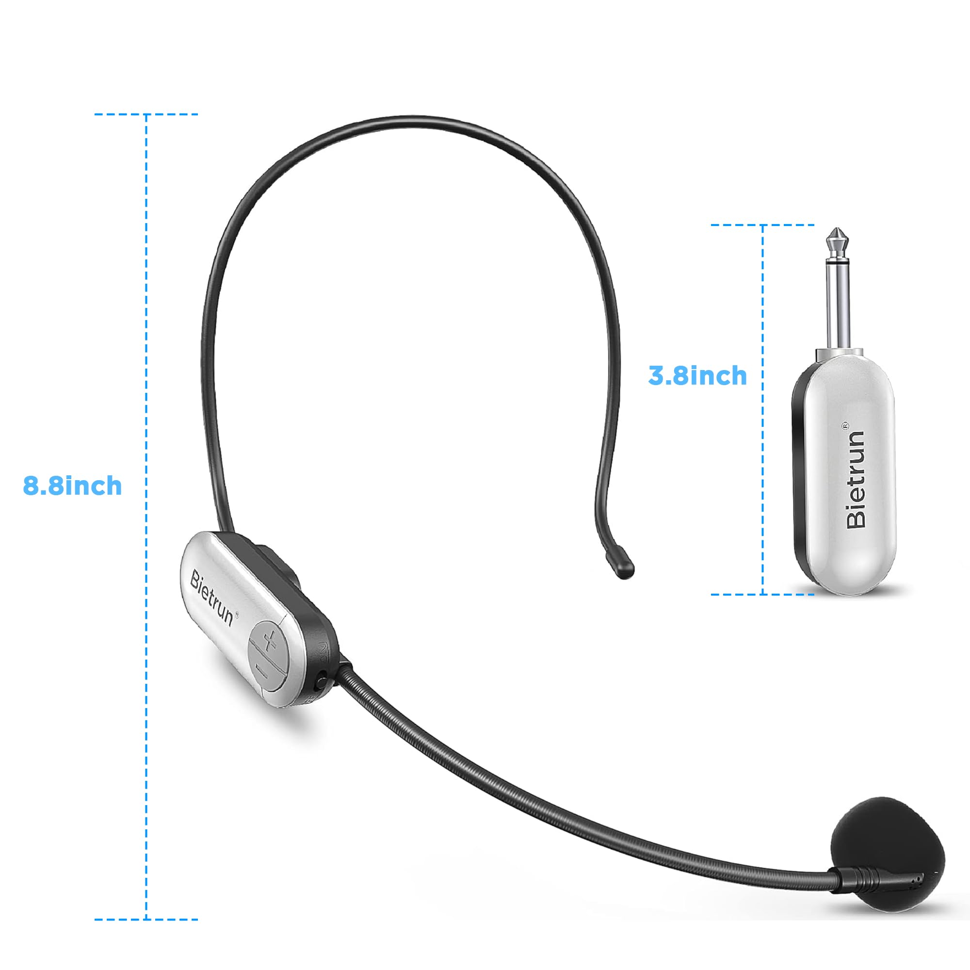 Bietrun UHF Wireless Microphone Headset, 165ft Range, Working Time 6H, 1/4''Plug, Wireless Headset Mic ＆Handheld Mic 2 in 1, for Karaoke Speaker, Amplifier, Speakers, PA System, Teaching, Fitness