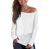 Cosonsen Women's Off Shoulder Top Long Sleeve Plaid Tee Shirt Blouse
