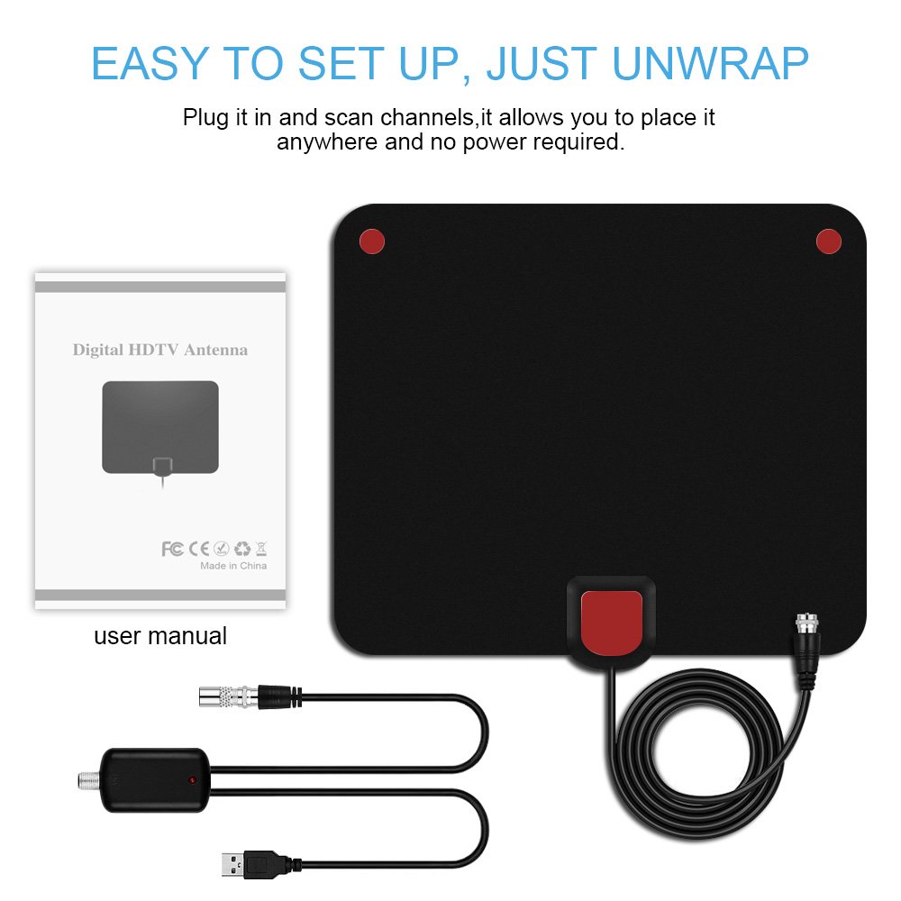 Indoor TV Aerial 0.6 mm freeview box with aerial booster (60+ Miles 1080P VHF/UHF/FM Indoor Aerials)