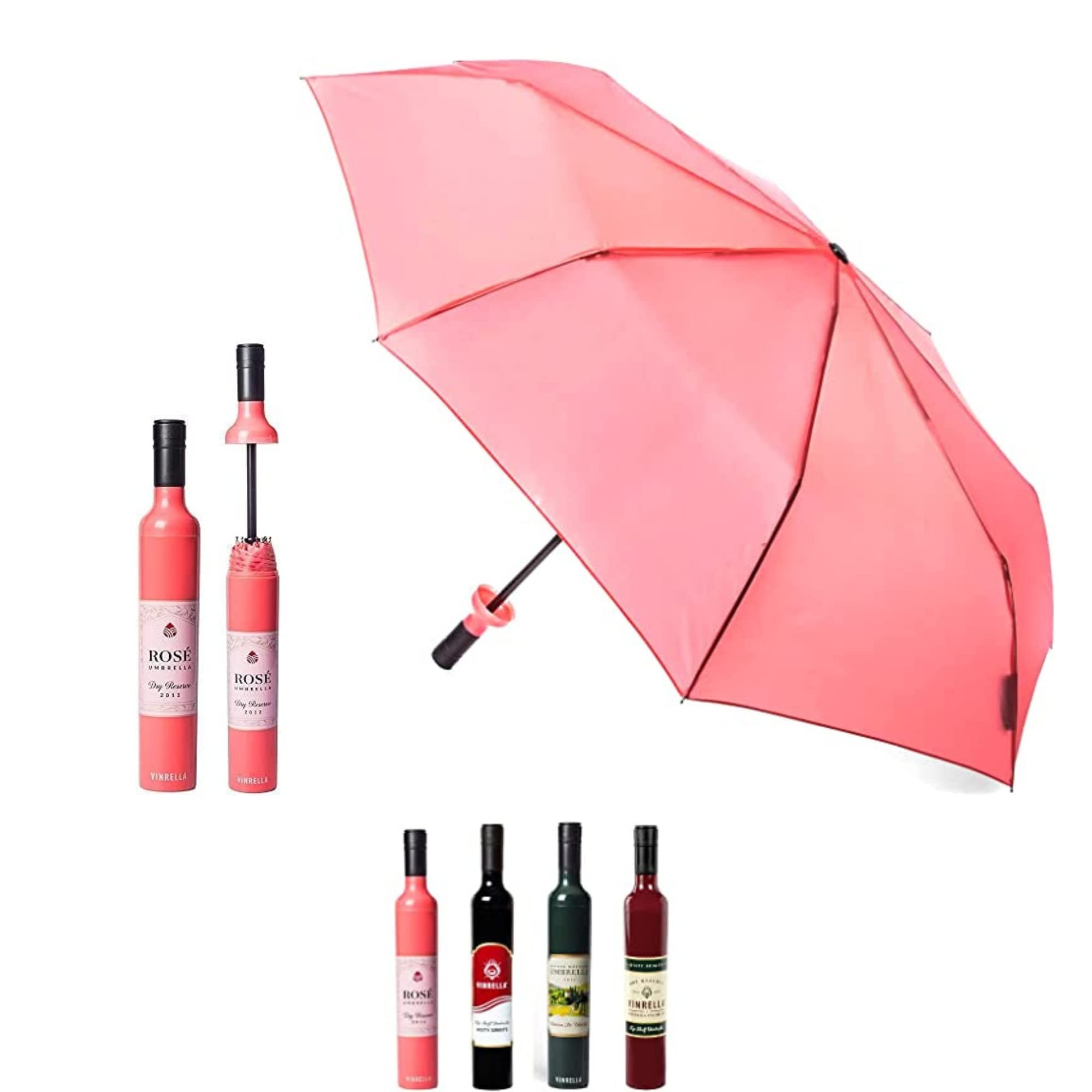 VINRELLA Wine Bottle Umbrella - Portable and Compact Travel Umbrella, Waterproof and Windproof, UV Blocker, Rose Labeled, Wine Bottle, Modern