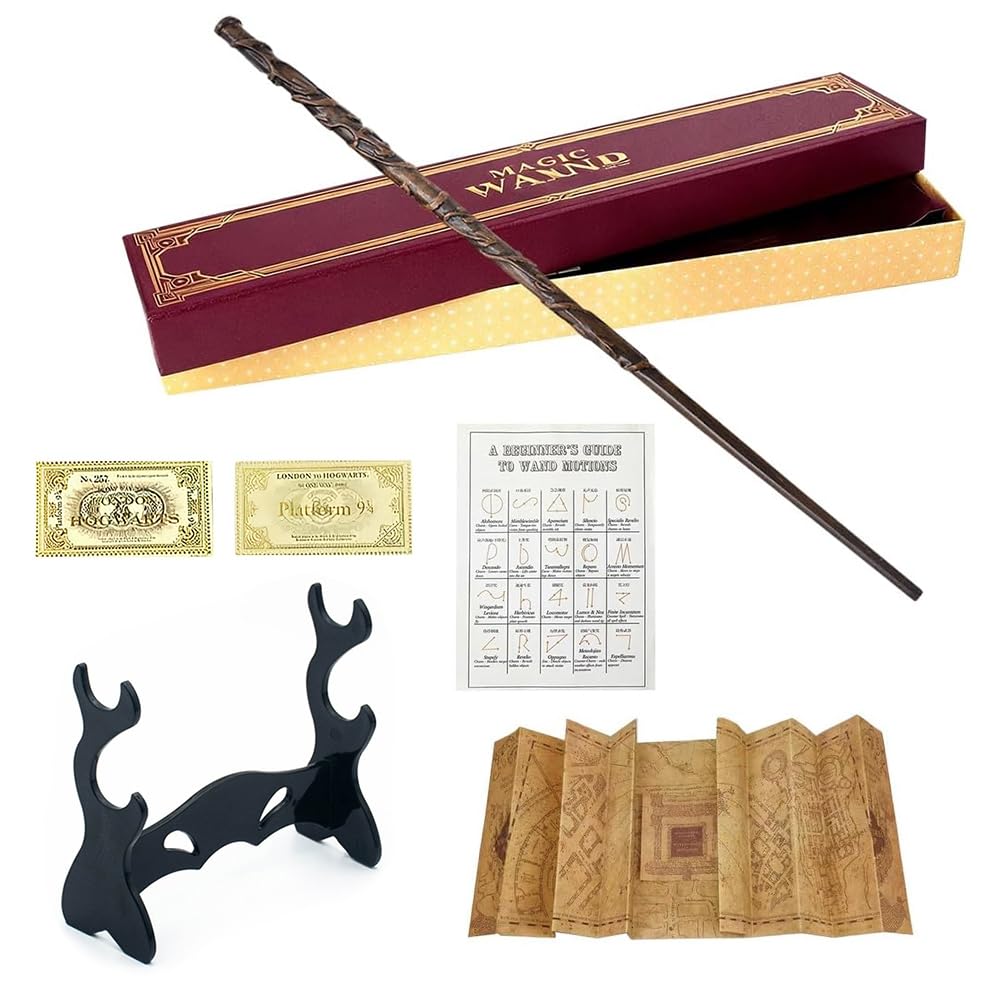 KBIBCK Hermione Granger Wand, Handcrafted Wizard Wand, 38CM Magic Hermione Wands in Gift Box with Station Ticket, Spell Chart, Map and Holder, for Role Play, Birthday Party Gifts and Collectibles