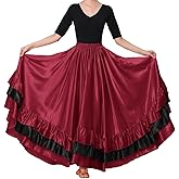 Backgarden Women Black Red Layers Satin Long Skirt for Spanish Flamenco Belly Dance Mexico Ballet Folklorico Performance