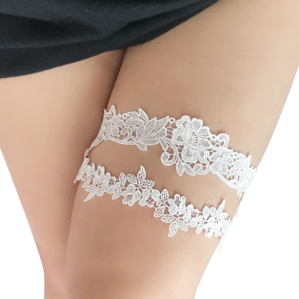 ADOVE Wedding Garters for Bride Stretch Lace Bridal Garter Sets White Flower Floral Leg Wedding Garter