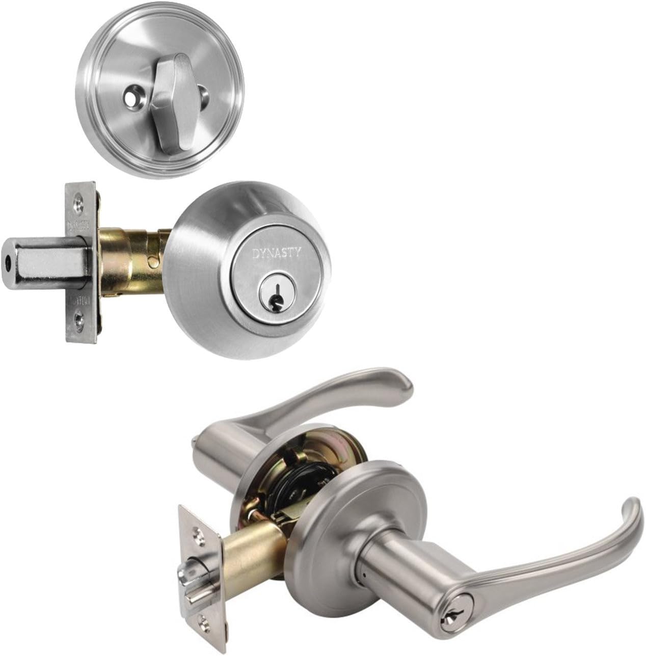 Dynasty Hardware CP-VAI-US15, Vail Front Door Entry Lever Lockset and Single Cylinder Deadbolt Combination Set, Satin Nickel Keyed Alike
