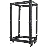 RIVECO 25U Server Rack Adjustable Depth Network 4 Post Cabinet Open Frame with Leveling Feet &amp; Wheels Fully Rivets 1400 LBS