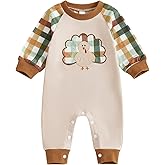 Durveency First Thanksgiving Baby Boy Girl Clothes Outfits Newborn Turkey Gobble Embroidered Jumpsuit Plaid Romper Fall