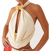 HOXIJIA Women Cowl Neck Halter Top Front Draped Y2K 3D Flower Tank Top Fairy Grunge Solid Color Backless Party Clubwear