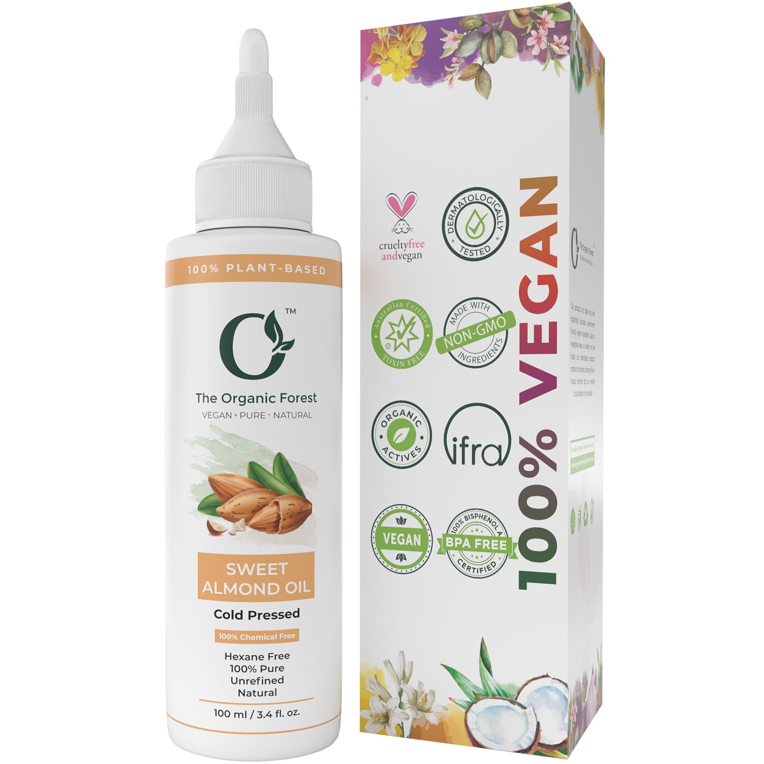 100% Plant Based Sweet Almond Hair Oil - Cold Pressed Almond Oil for Hair Growth | Organic, Vegan & Cruelty Free | Ideal For Deep Nourishment