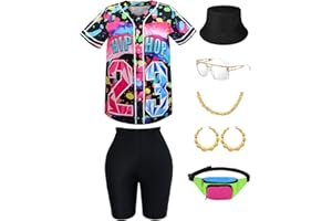 OWURHA 80s 90s Outfit for Women Hip Hop Costume Baseball Jersey Shirt Shorts Set, 90s Outfits for Women Party 90s Woman Costumes