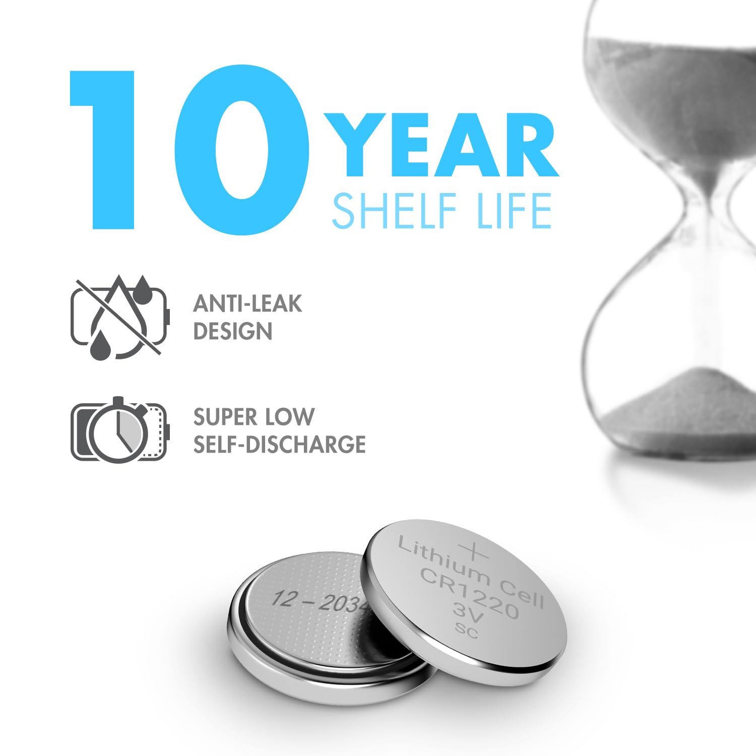 Tenergy CR1220 3V Lithium Button Cell Battery, for Keys, Watches, Accessories, 5 Count