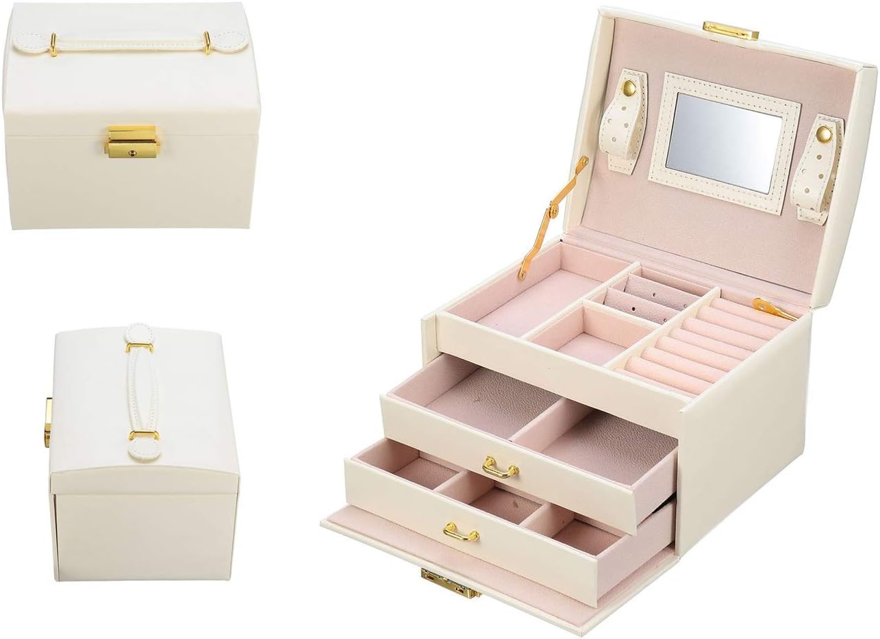 Bac bac Jewelry Boxes|Leather Jewelry Box|Double Drawer Jewelry Box|Built-in Mirror Jewelry Box|Decorative Accessories 14.5x13x18cm (Color : White)