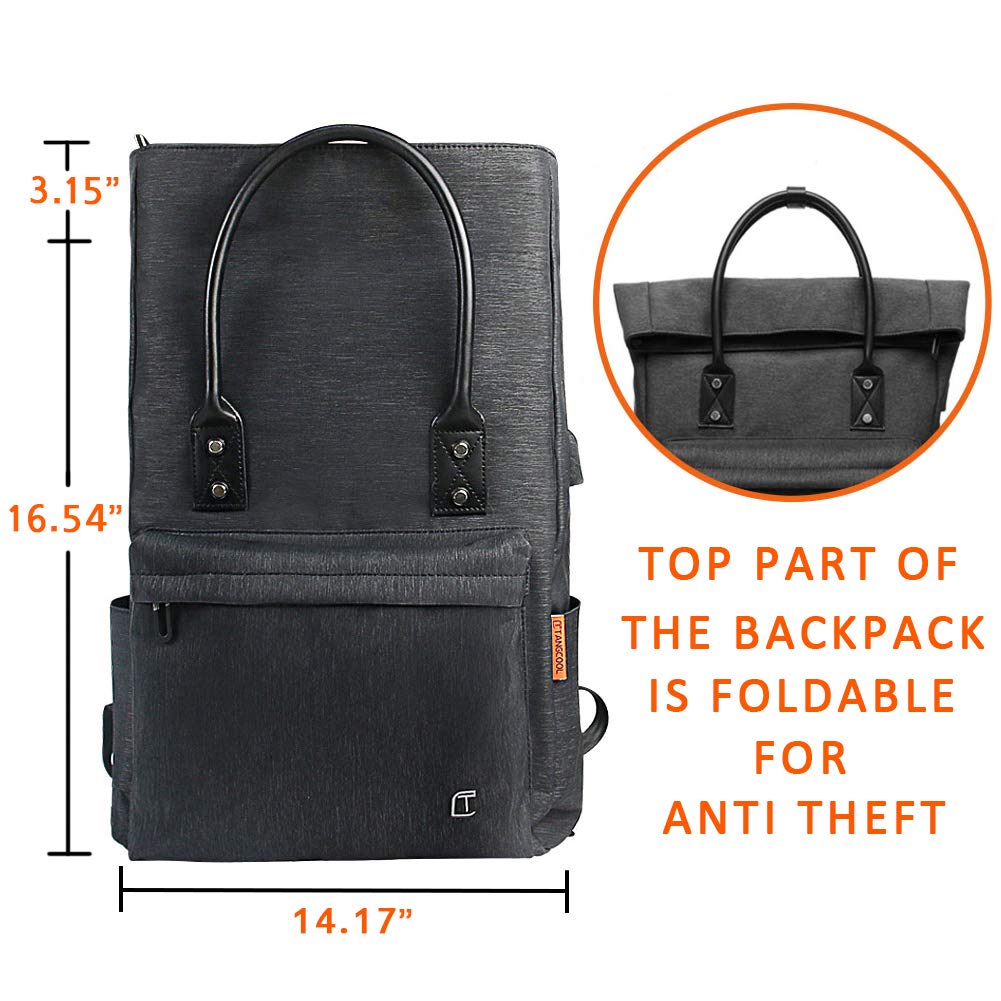 TC Tote Bag Backpack Convertible with USB Charging Lightweight Waterproof School Travel Daypack Fit Under 15-inch Laptop Fashion & Casual Foldable Backpack for Women Men, Black