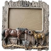 Comfy Hour Western Retro Collection Wild Rustic Wood Imitated Double Horse 7.48" x 7.75" Photo Picture Frame, Aged Old Fashioned - Brown, Polyresin