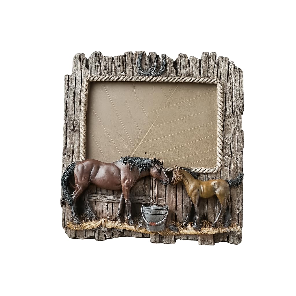 Comfy Hour Western Retro Collection Wild Rustic Wood Imitated Double Horse 7.48" x 7.75" Photo Picture Frame, Aged Old Fashioned - Brown, Polyresin