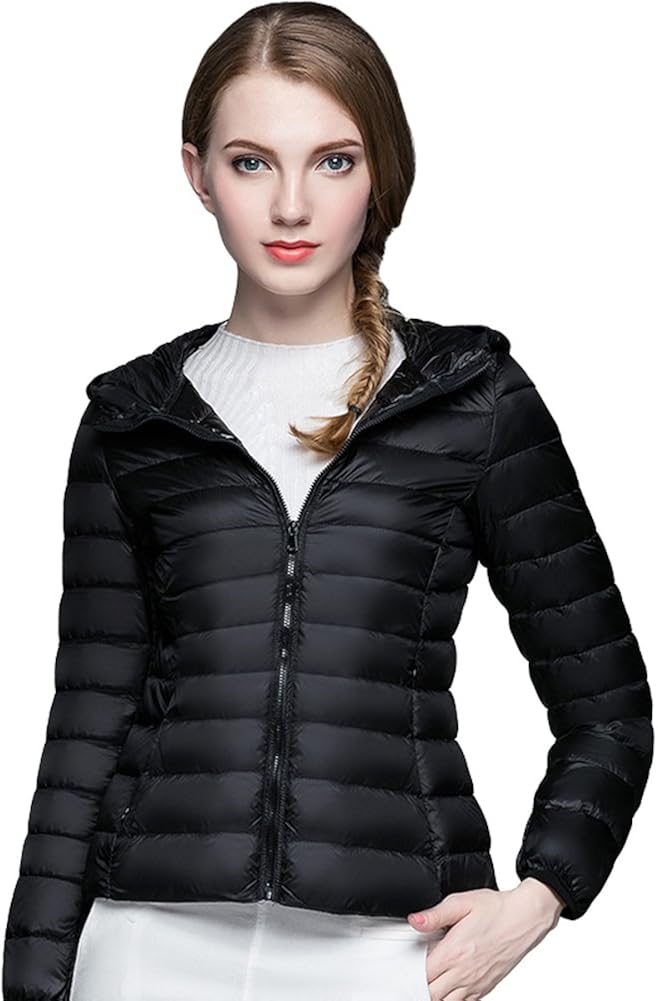 women's hooded packable ultra light weight short down jacket