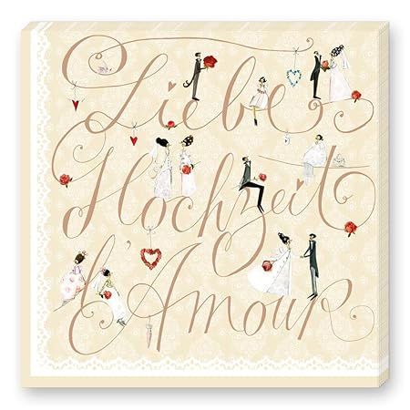 Grätz Verlag 20 Stück Servietten für Hochzeit mit Spitze, Cremefarben mit Figuren und Schriftzug, beige, Retro, Vintage, quad