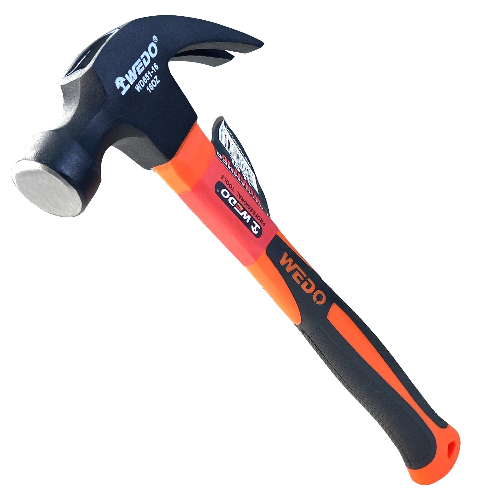 WEDO Claw Hammer 1 lb(16oz), Framing Hammer with 12.5" Fiberglass Handles, High Carbon Steel Head, Shock Resistant, Non-Slip Handle, for Construction, Gardening,Yard Work