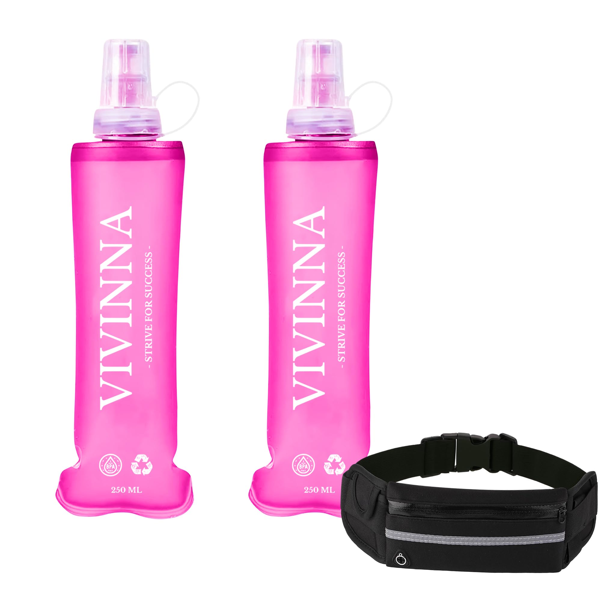 Vivinna 250ml Pink Sports Bottle - 2 Pack - Flexible, BPA-Free with Tube & Bite Nozzle - Ideal for Running, Cycling, Hiking & More