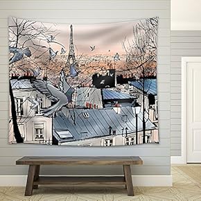 Vector - Montmartre in Paris with Eiffel Tower - Vector Illustration - Fabric Wall Tapestry Home Decor - 51x60 inches
