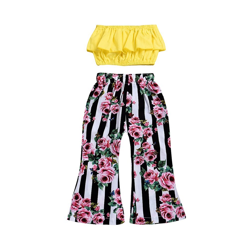 2Pcs Baby Girls Off-Shoulder Crop Tops+ Long Floral Striped Flare Pants Infant Summer Outfits Clothes Set(3-4T)
