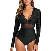 NESY Women's Long Sleeve Rash Guard Swimsuits One Piece Bathing Suit UV Protection Surfing Suit Zipper Printed Swimwear