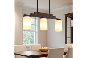HUONG SON Farmhouse Wood Kitchen Island Lighting, 3-Light Adjustable Chandelier for Dining Room, Milk Glass Shade Dining Room Light Fixture Over Table, Black Hanging Pendant Lights for Kitchen, Pool Table