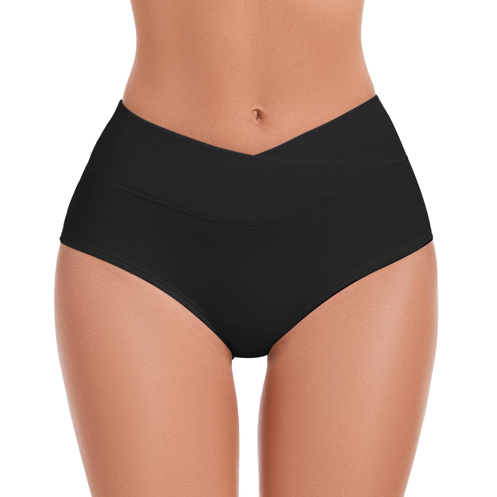 Photo 1 of Women's V Cut High Waisted Bikini Bottom Tummy Control Full Coverage Swimsuit – Bathing Suit for Beach, Pool, Bathing, Comfortable Secure Fit Black xl