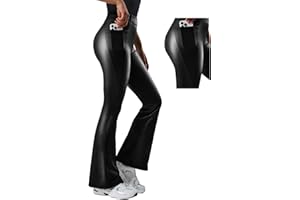 Women’s High-Waisted Faux Leather Flare Leggings with Pocket – Workout Bootcut Yoga Pants, Stretchy Tummy Control