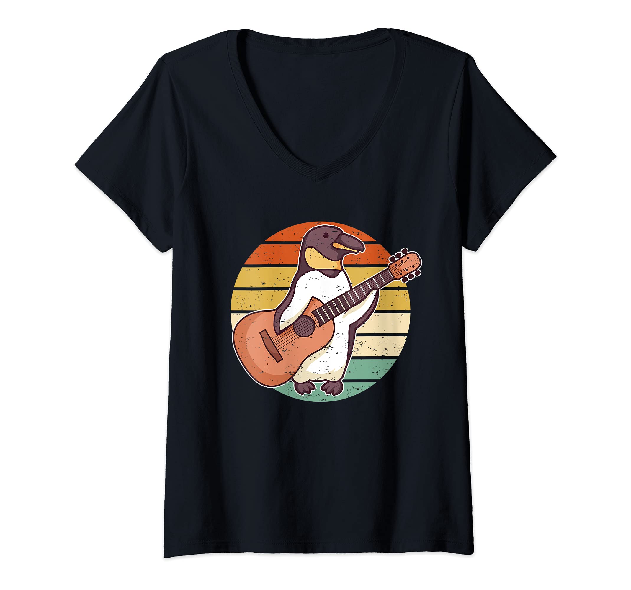 Womens Penguin Guitar Player Guitarist V-Neck T-Shirt