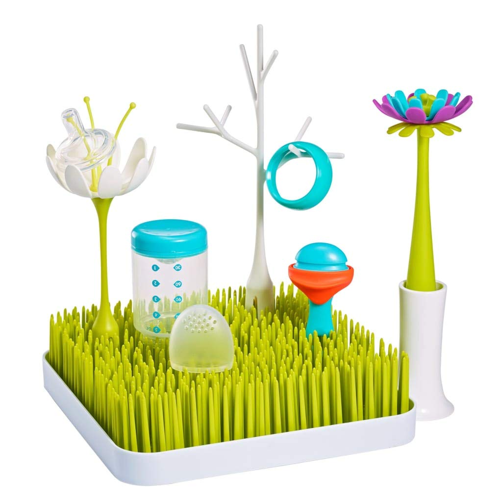 Boon Nursery Accessories Starter Bundle | Includes x5 Pieces: Stylish Grass Baby Bottle Dryer Rack, Baby Bottle Brush, 2x Large Bottle Adaptors and Spoon