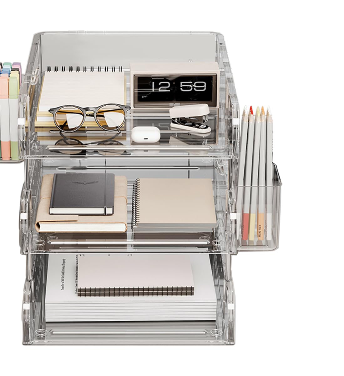 Photo 1 of Clear Acrylic Desk Organizer, Multi-Tier Letter Tray with Pen Holder, Office Storage for Documents and Supplies