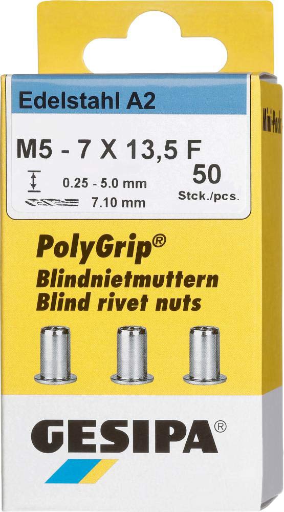 PolyGrip Blind Rivet Nuts Mini Pack Stainless Steel A2 M 5 x 7 x 13.5 mm 1 Piece (1464888)