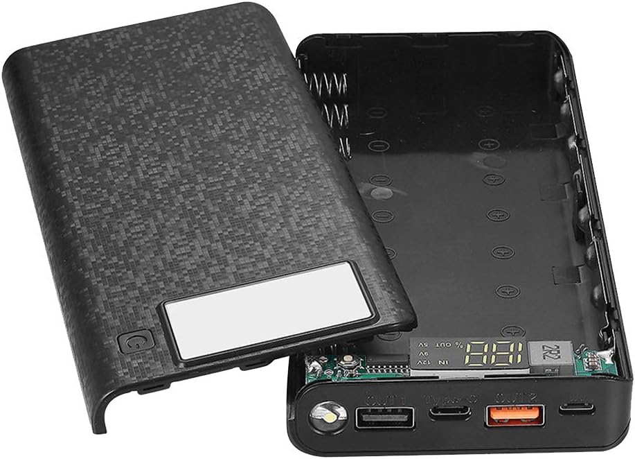QC 3.0 Dual USB + Type C PD 8X 18650 Battery DIY Power Bank Box LED Light Fast Charger for iPhone Samsung Cell Phone Tablet (Black)