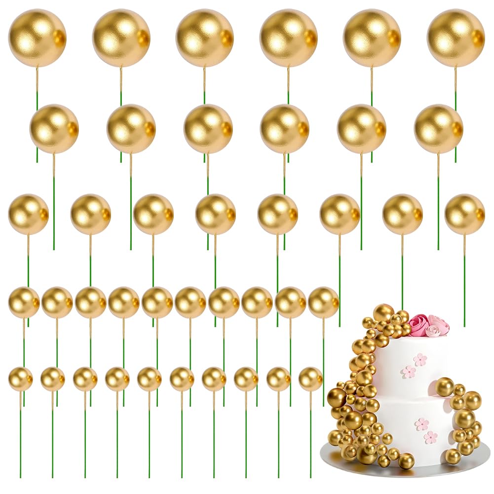 OSDUE 40 pcs Balls Cake Topper, Mini Balloons Cake Topper, Baking Decoration Supplies, for Wedding Anniversary Birthday, Baking Cake Decoration (Golden)