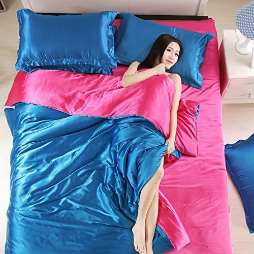 Silky Duvet Cover Set with Flat Sheet Queen Size 4 Piece Silk Like Feeling Great Lightweight Soft Bedding Set Zipper Closure Bright Solid Color (Blue and Rose)