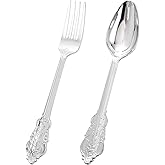 BUCLA 200PCS Silver Plastic Forks and Spoons - Plastic Silverware Baroque - Disposable Silverware Heavy Duty - 100PCS Silver Forks and 100PCS Spoons for Weddings, Christmas and Party