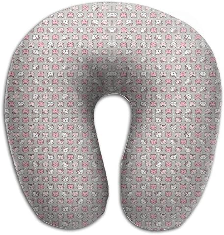Pink Cat Cats Faces With Bows And Hearts On Grey Tiny Small Fabric Soft U-Shape Memory Foam Travel Neck Pillow