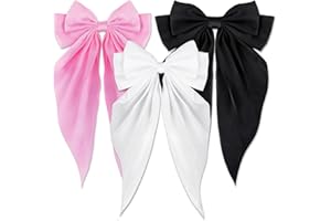 Loqpol 3 PCS Silky Satin Hair Bows, Oversized Long Tail Bows with Barrette Clips, Coquette Hair Accessories for Women and Girls (Black - White - Light Pink)