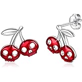 Skull Cherry Stud Earrings - 925 Sterling Silver Red Skeleton Earring Hypoallergenic Halloween Jewelry Gifts for Women
